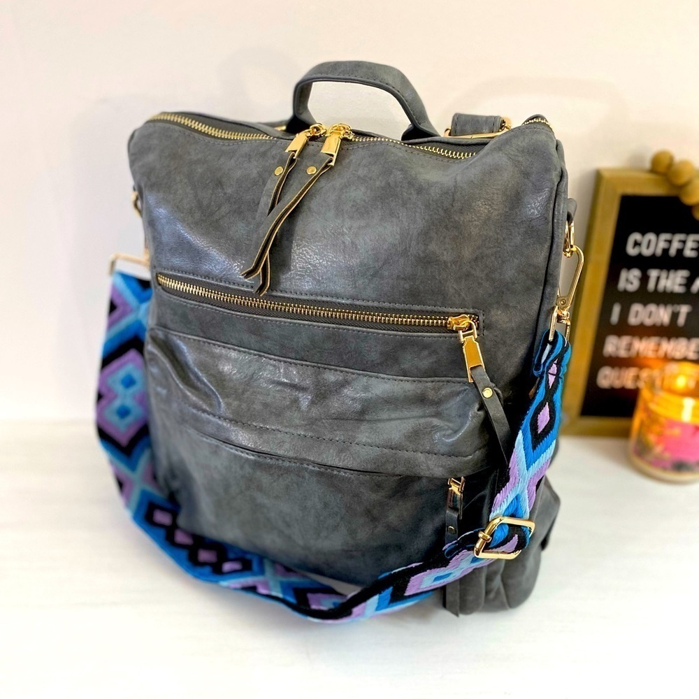 Brand NEW! Grey Camden Bag w/Aqua Geo Lavender Crossbody Strap💜💙